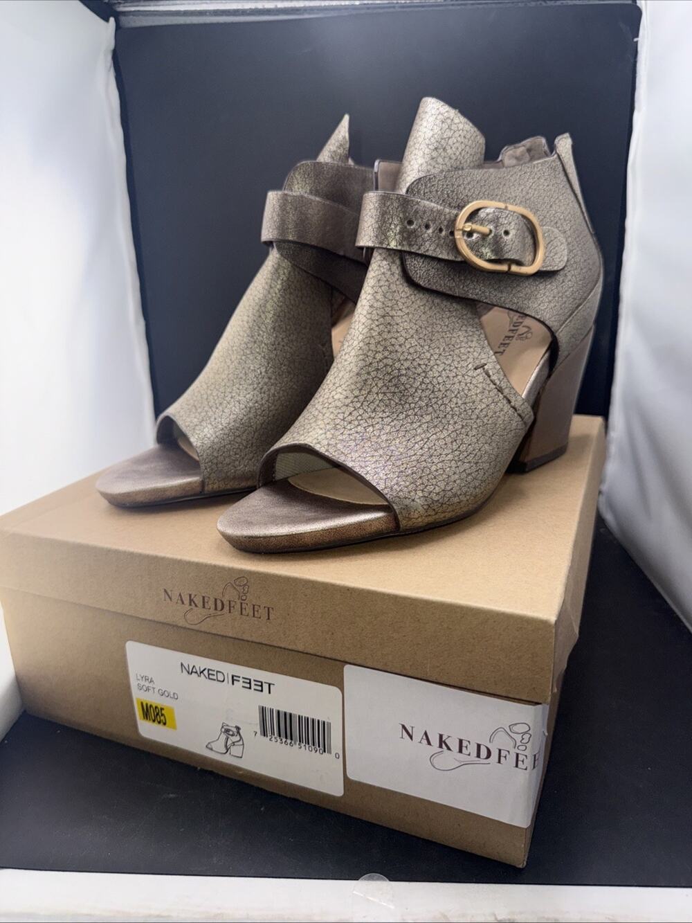 Naked Feet Lyra Soft Gold Leather Peep Toe Booties Women’s 8.5 New Box